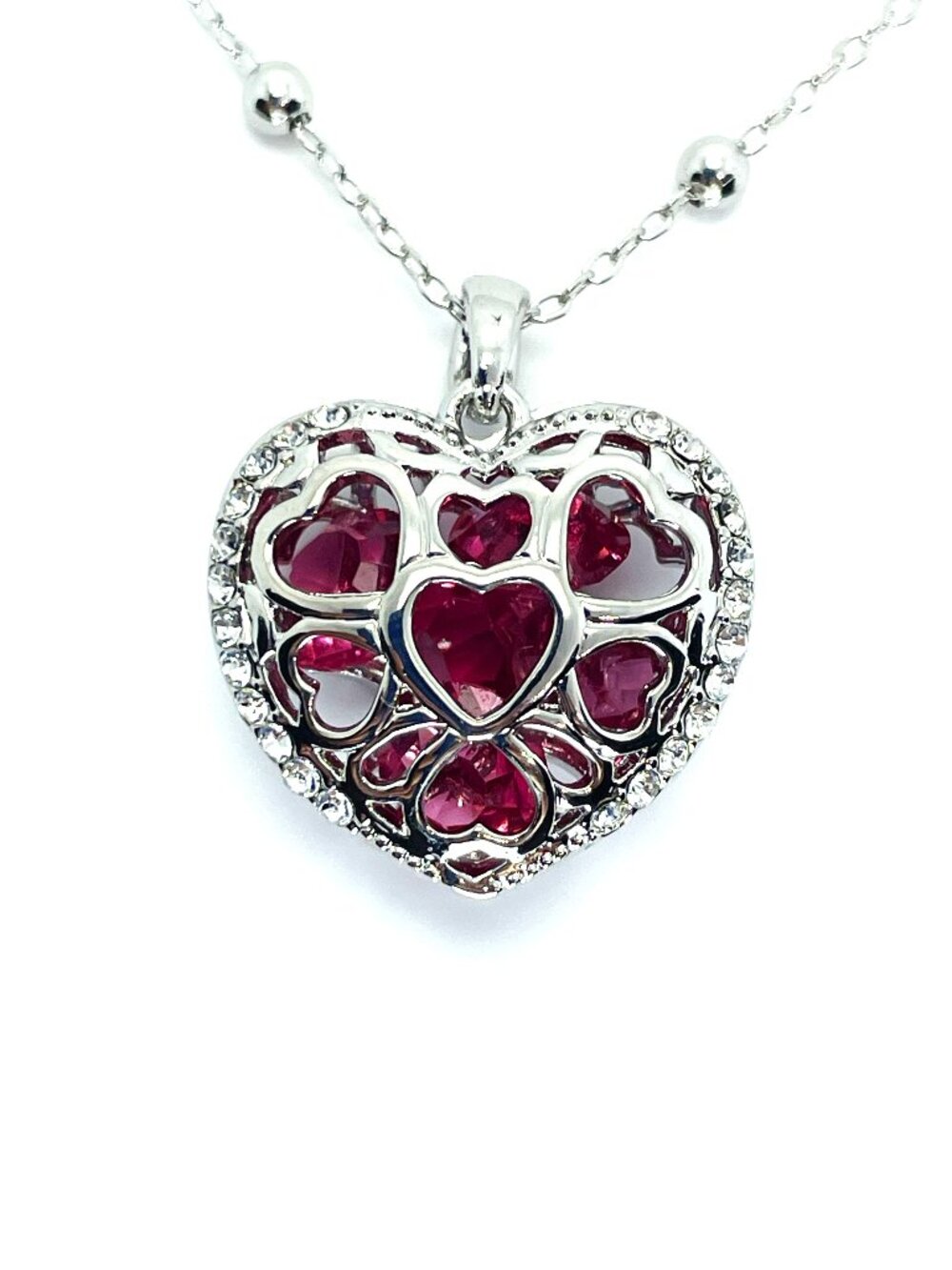 Heart Filigree Pendant Necklace with Red Ruby Austrian Crystals, 31"